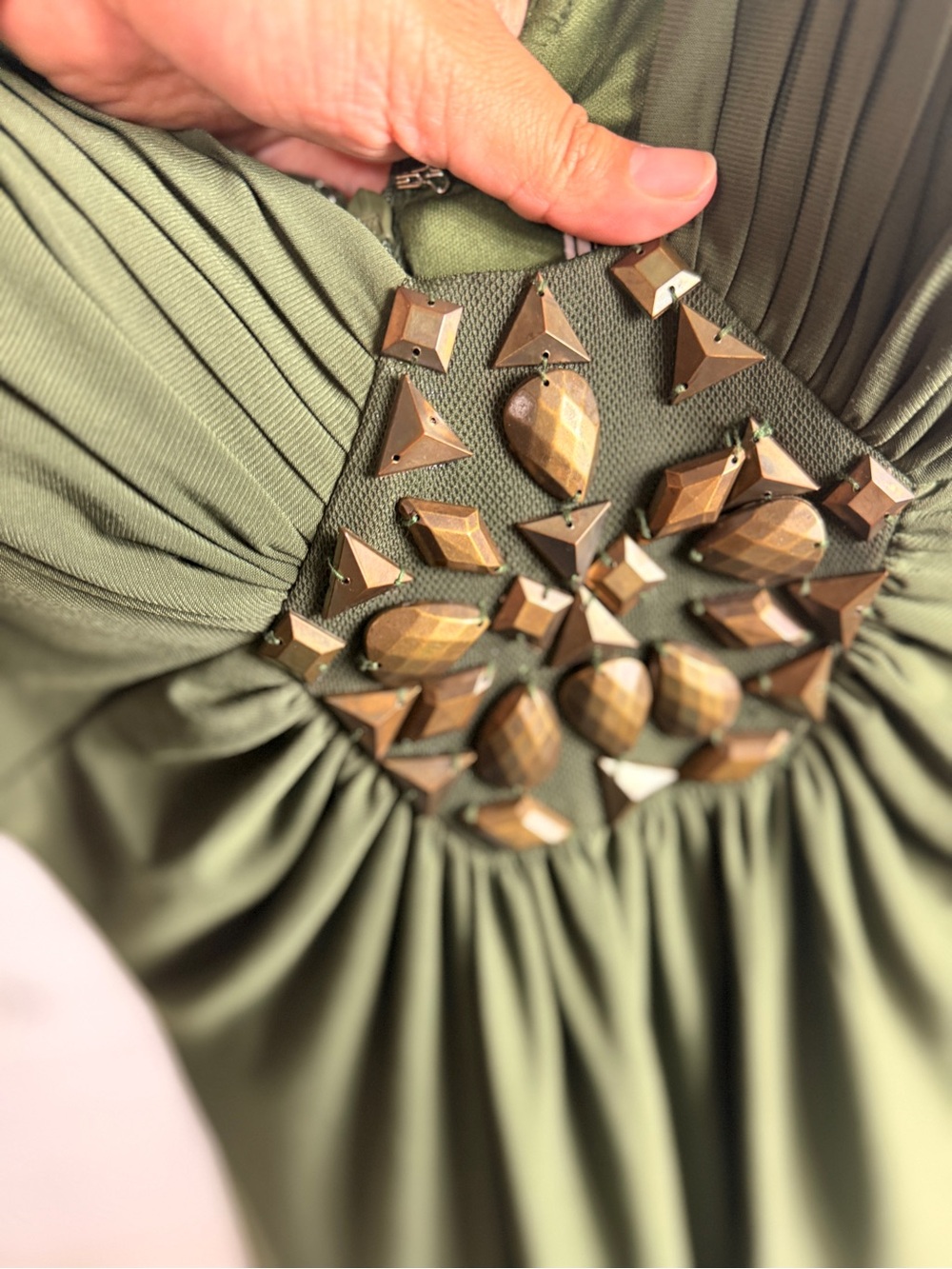 NW Collections Y2K Olive Green Cocktail Dress Size 4 Embellished Ruched - Picture 2 of 7